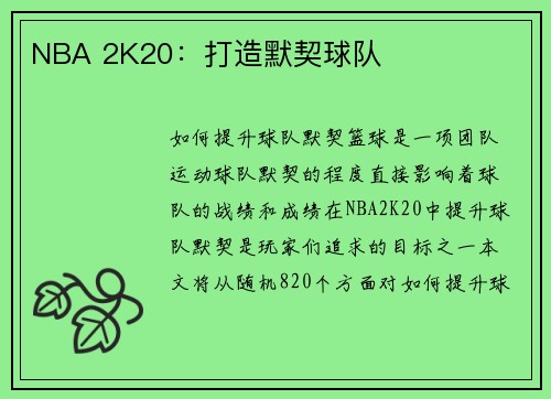 NBA 2K20：打造默契球队