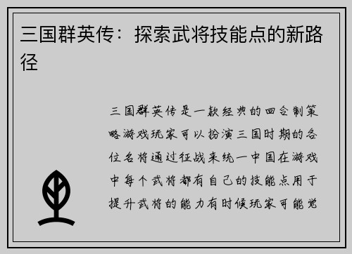 三国群英传：探索武将技能点的新路径