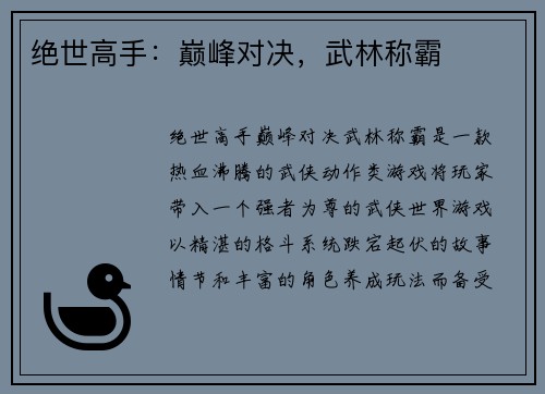 绝世高手：巅峰对决，武林称霸