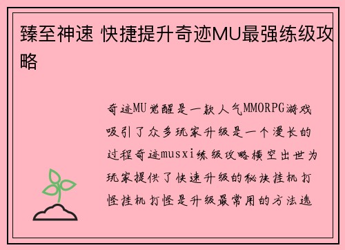 臻至神速 快捷提升奇迹MU最强练级攻略